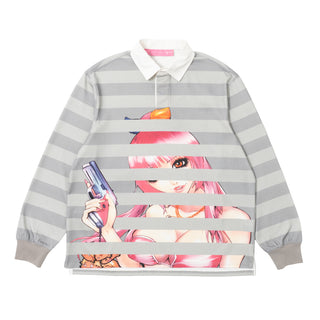 Yumi Striped LS Polo - Grey