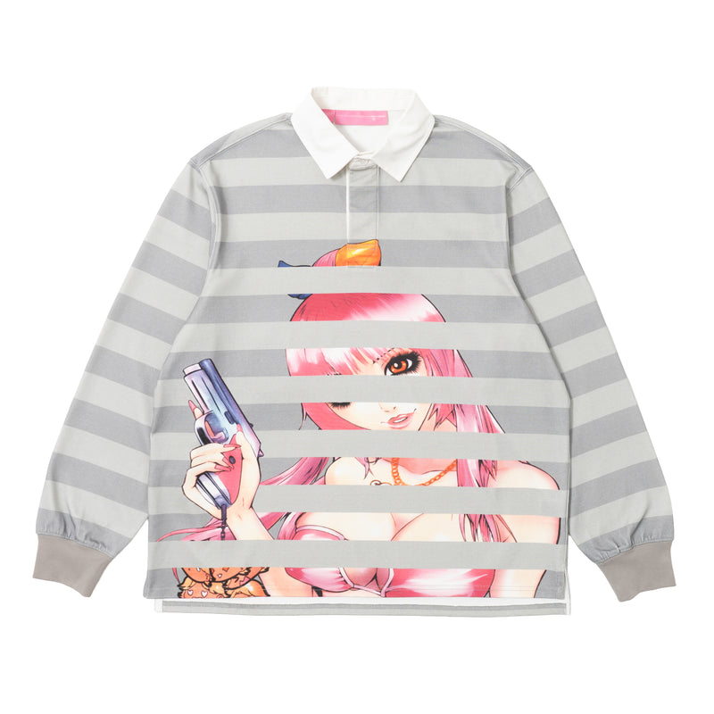 Yumi Striped LS Polo - Grey