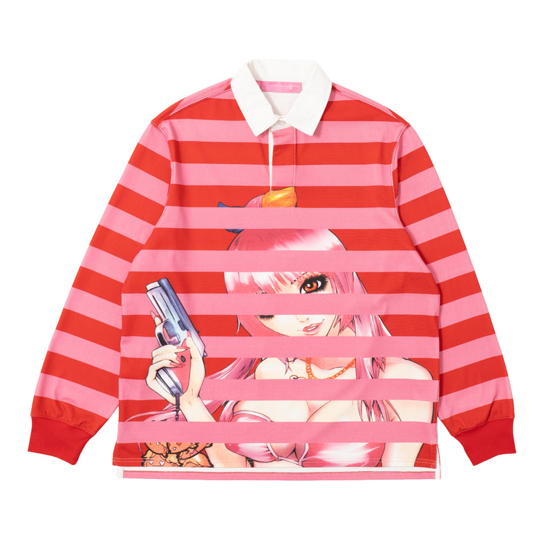Yumi Striped LS Polo - Pink/Red