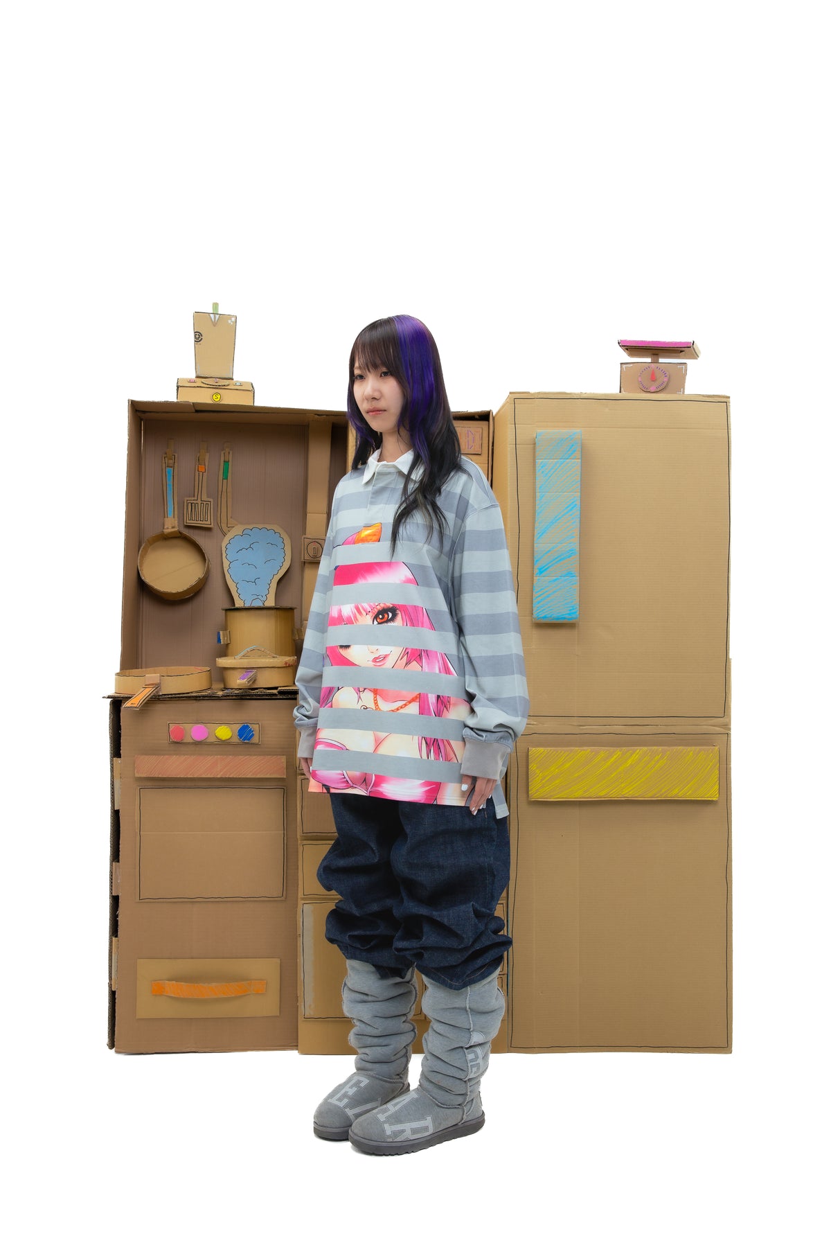 Yumi Striped LS Polo - Grey