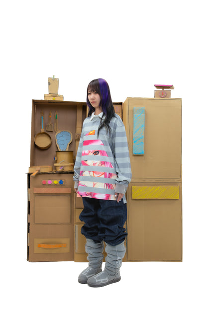 Yumi Striped LS Polo - Grey