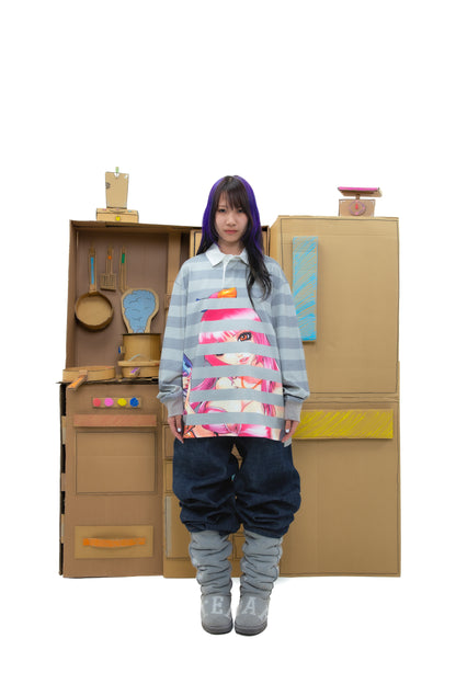 Yumi Striped LS Polo - Grey