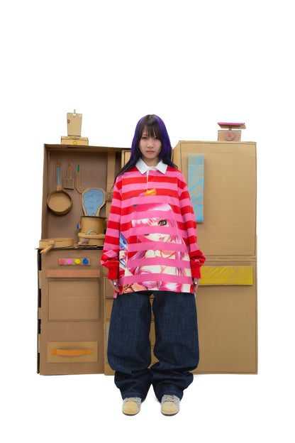 Yumi Striped LS Polo - Pink/Red