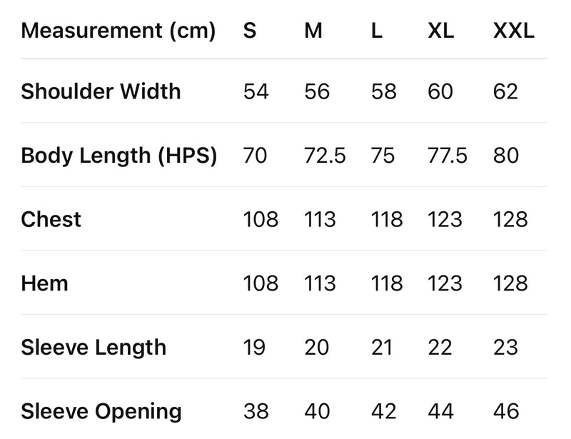 Measurement chart for clothing sizes S to XXL with details like shoulder width, body length, chest, hem, sleeve length, and sleeve opening.